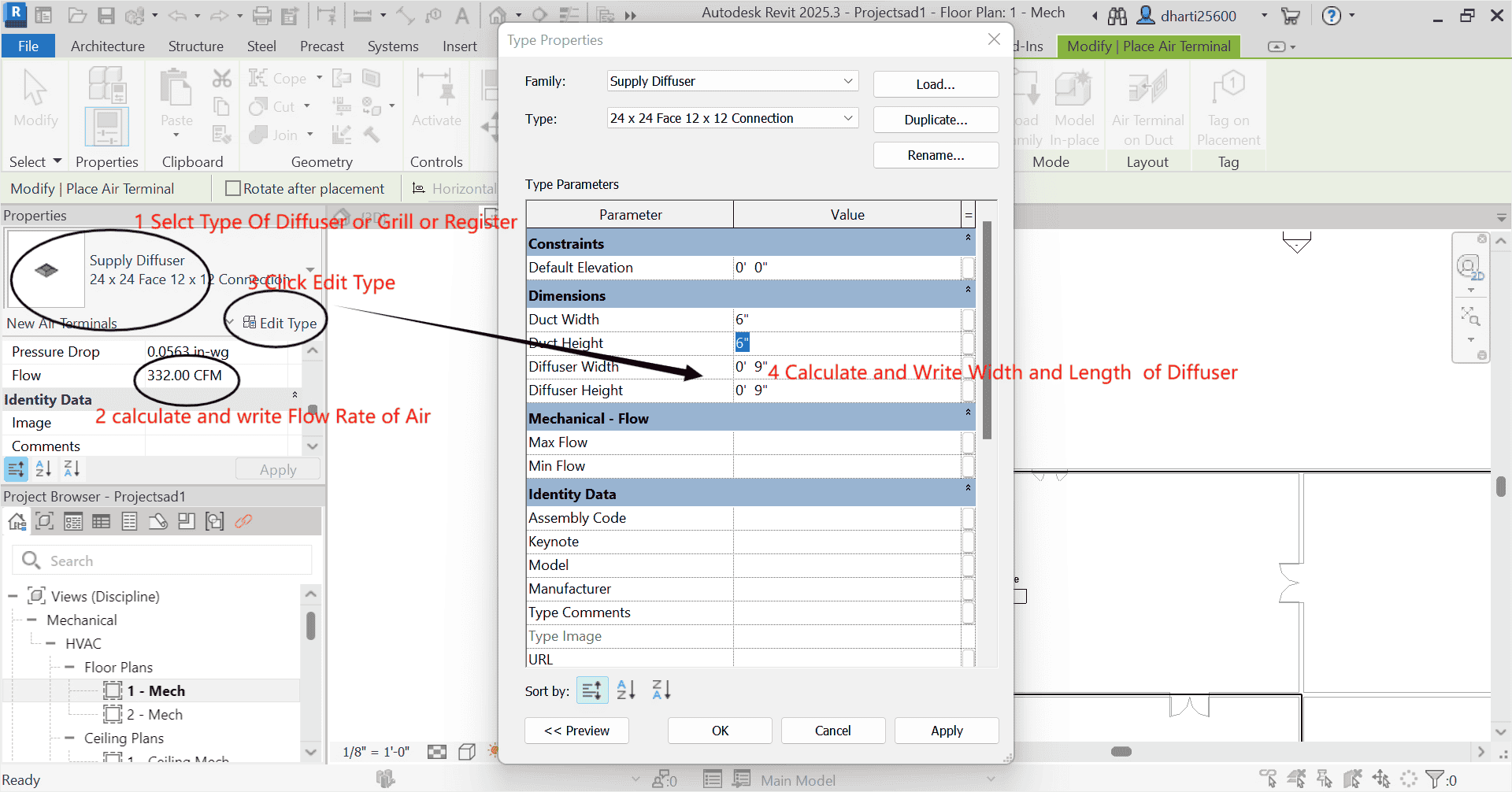 Revit 2025 HVAC GRD Placement & CFM Calculation